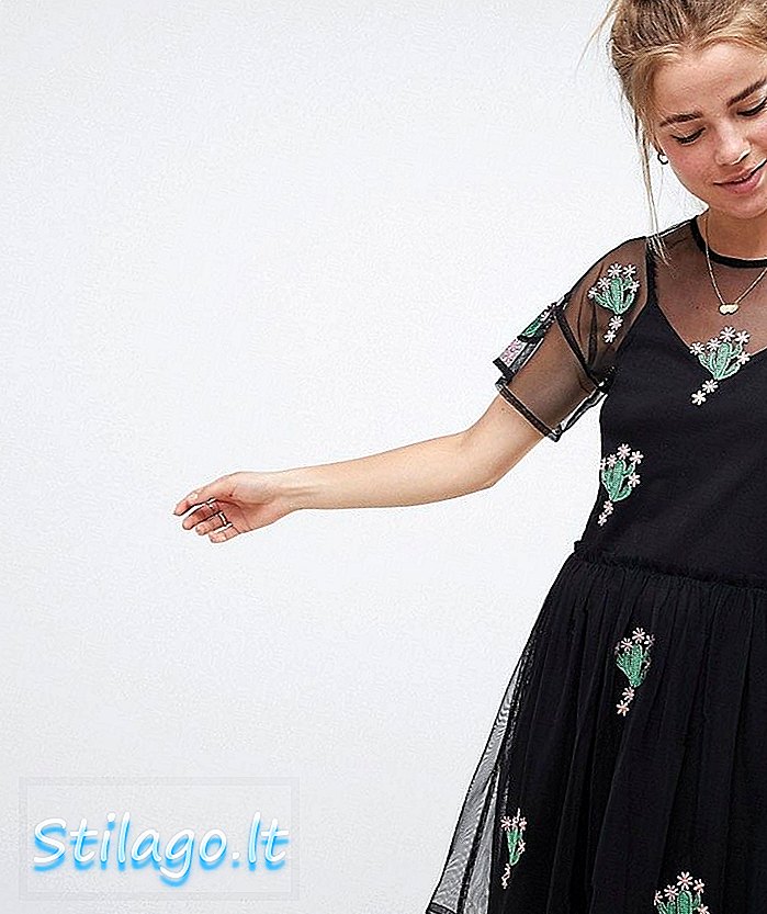 ASOS DESIGN Mesh Smock Dress Dengan Cactus Applique-Black