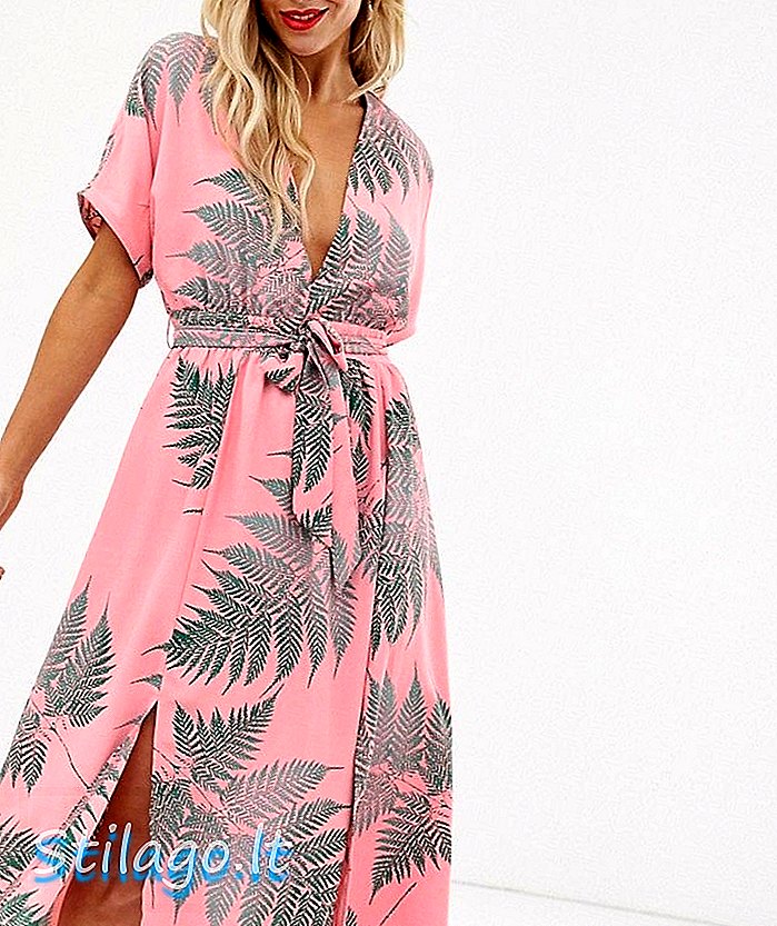 팜 프린트-핑크의 타이 허리가있는 매력적인 미디 티 드레스