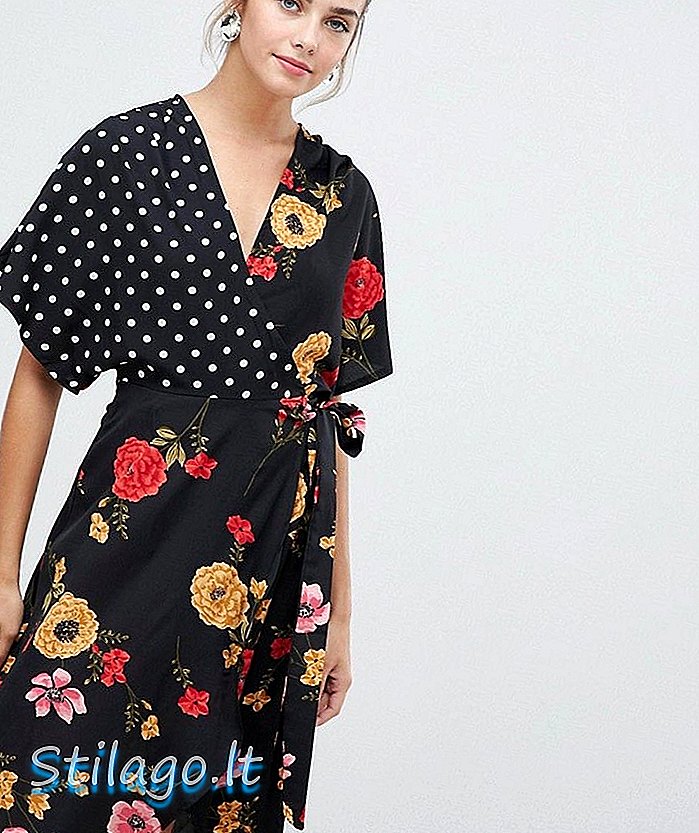 Påvirke kimono ermet wrap kjole i mix og match print-Svart