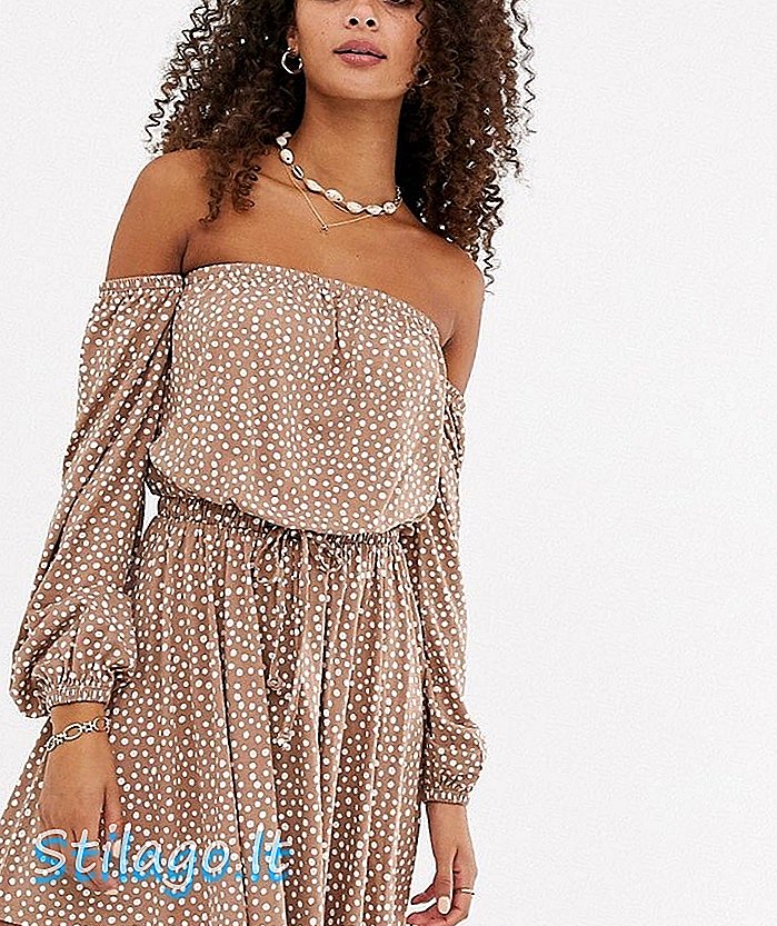 ASOS DESIGN - Mini robe d'été bardot à imprimé pois carrés - Marron