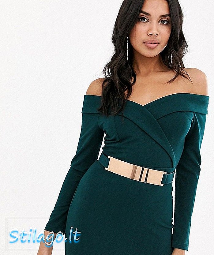 „Girl In Mind“ drabužį nuo pečių primenanti mini suknelė su žaliu diržu