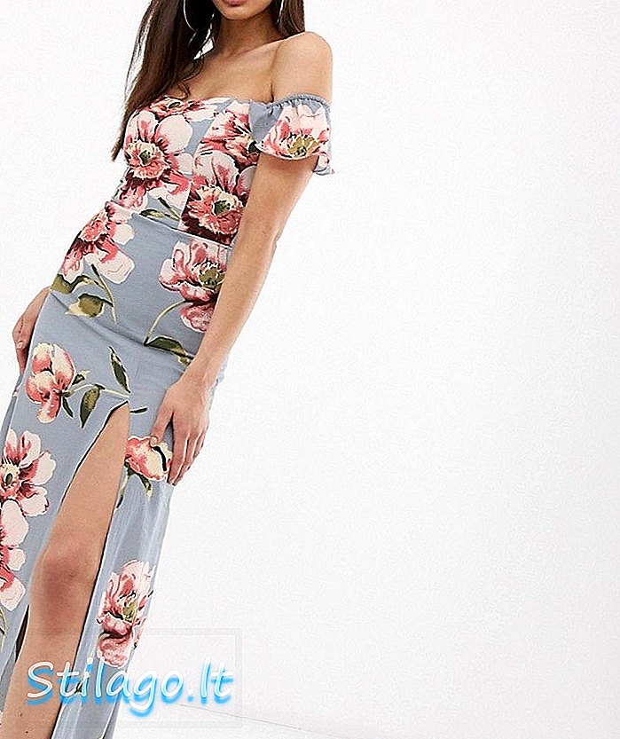 Club L bardot ruffle μανίκι φόρεμα με μίνι μανίκι σε floral εκτύπωση-Μπλε