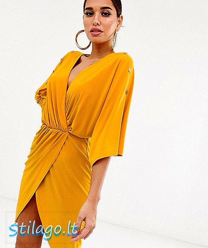 Koco & K ponořte přední tužkové šaty se zlatým knoflíkovým detailem v hořčičně žluté