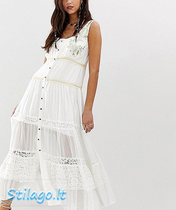 Gaun maxi berjenama Aratta dengan perincian sulaman-Putih