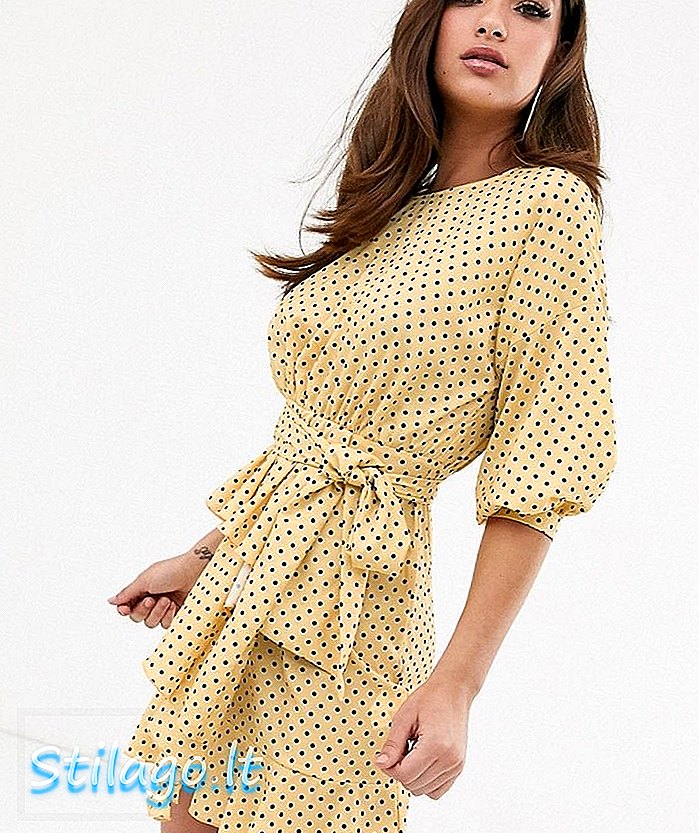 PrettyLittleThing Kleid mit Rüschendetail und Bindebund aus gelbem Polka Dot-Multi