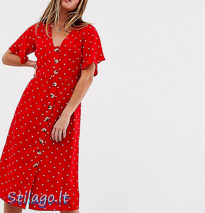 स्पॉट प्रिंट-रेडमध्ये बुधवारी गर्ल बटन डाउन मिडी ड्रेस