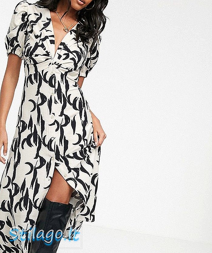 Glamoroso vestido midi con botones en la parte delantera y estampado de pinceladas-Tan