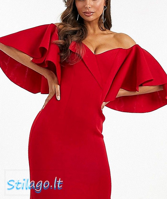 ASOS DESIGN cape flutter bardot midi φόρεμα-Κόκκινο