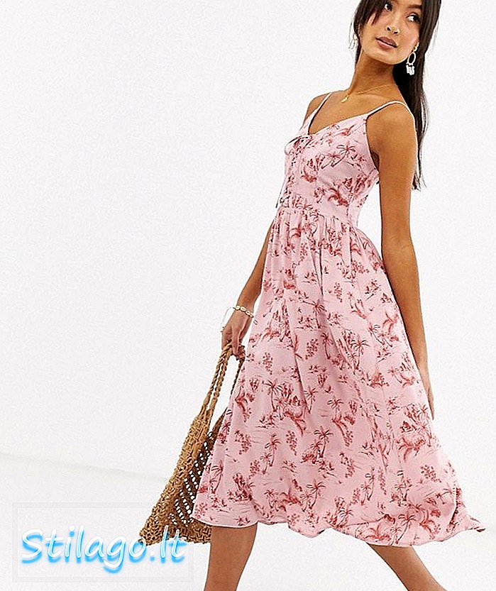 Midi-kjole i nyt look i lyserødt tropisk tryk