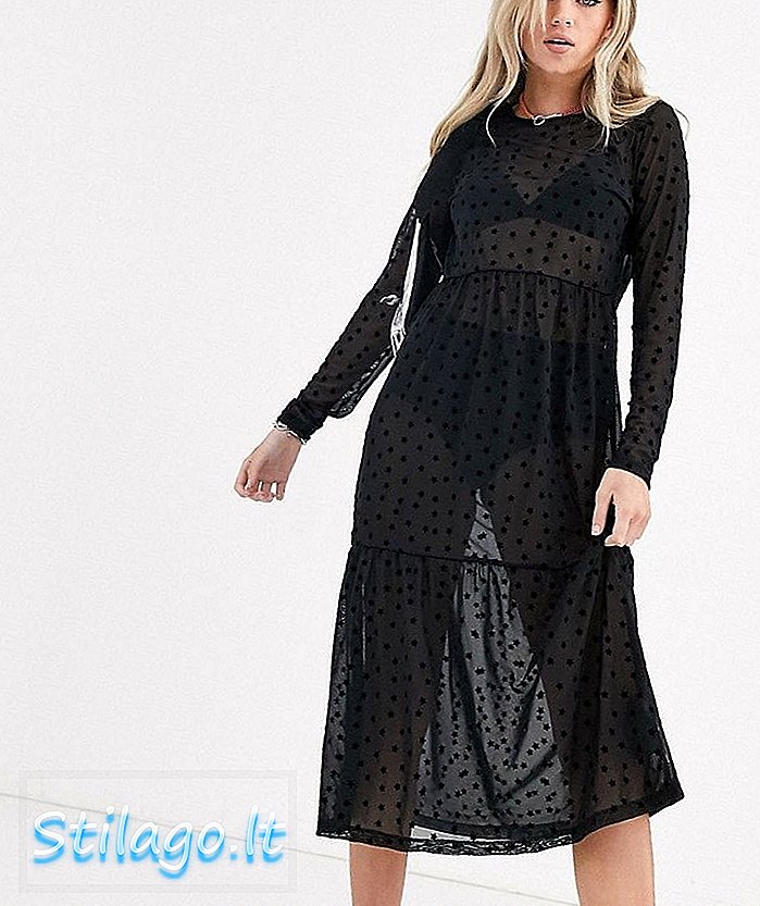 Noisy May mesh smock midi dress with star embroidery- สีดำ