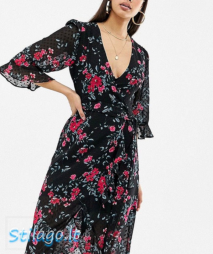 डॉबी फ्लोरल-ब्लॅकमध्ये फॅशन युनियन प्लन फ्रंट मिडी ड्रेस