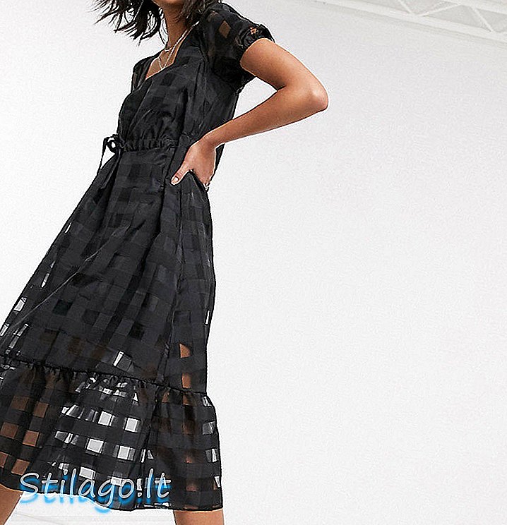 Gjenvunnet Vintage-inspirert organza sjekk midi-kjole med puff-erme-svart