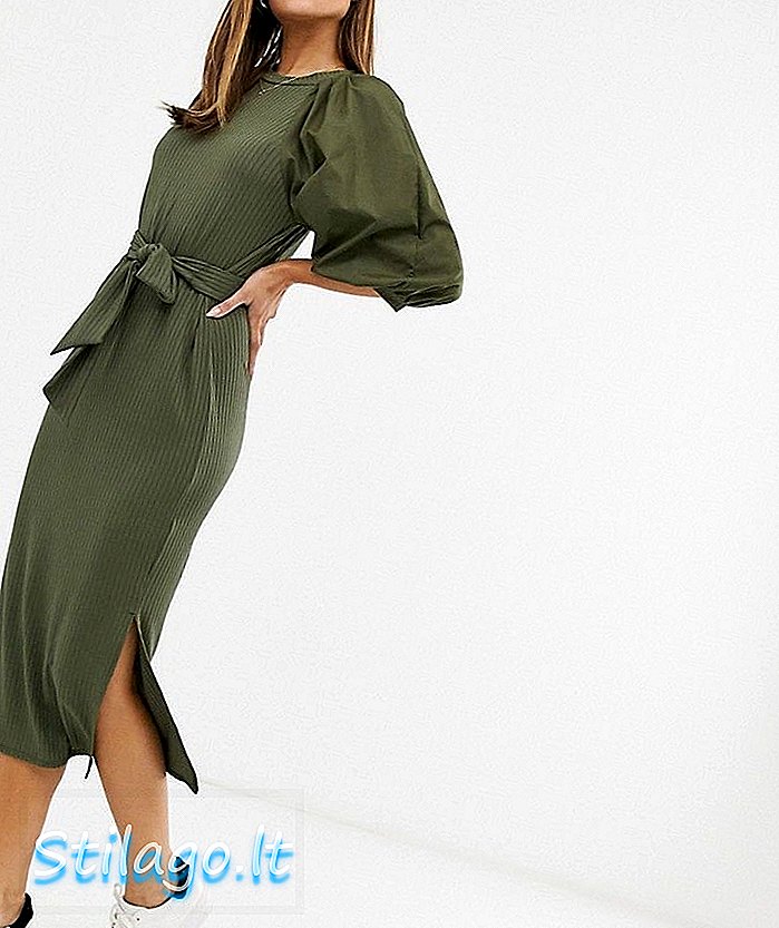ASOS DESIGN - Halflange geribde jurk met riem en geweven mouwen - Groen