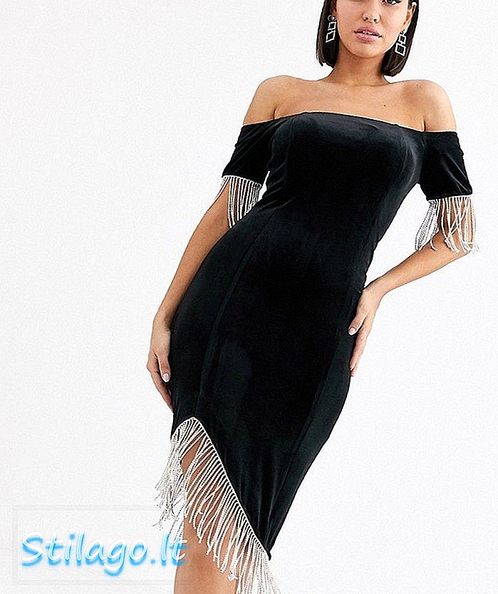 فستان متوسط ​​الطول من Lavish Alice Velvet Bardot مع تفاصيل من الألماس الأسود