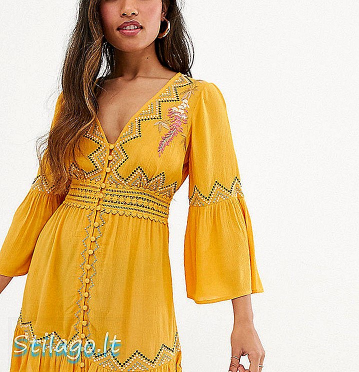 „ASOS DESIGN“ mini suknelė su nėrinių intarpu su geltona siuvinėjimu