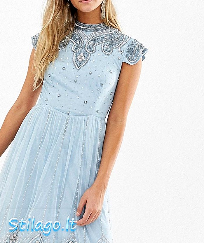 Gaun mini leher tinggi Frock And Frill dengan hiasan keseluruhan berwarna biru lembut