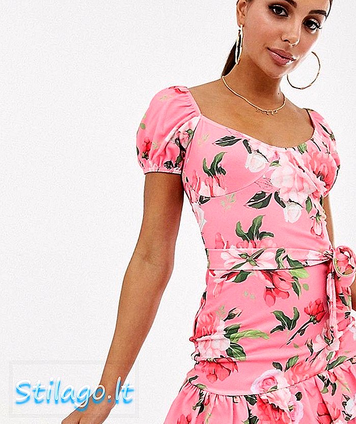 PrettyLittleThing bodycon рокля с вълнест подгъв и пухкав ръкав в розово флорално-Multi