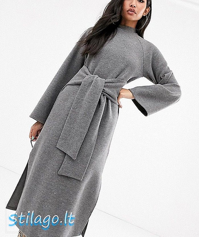 ASOS DESIGN - Superzachte midi-jurk met ronde hals en gestrikte voorkant - grijs