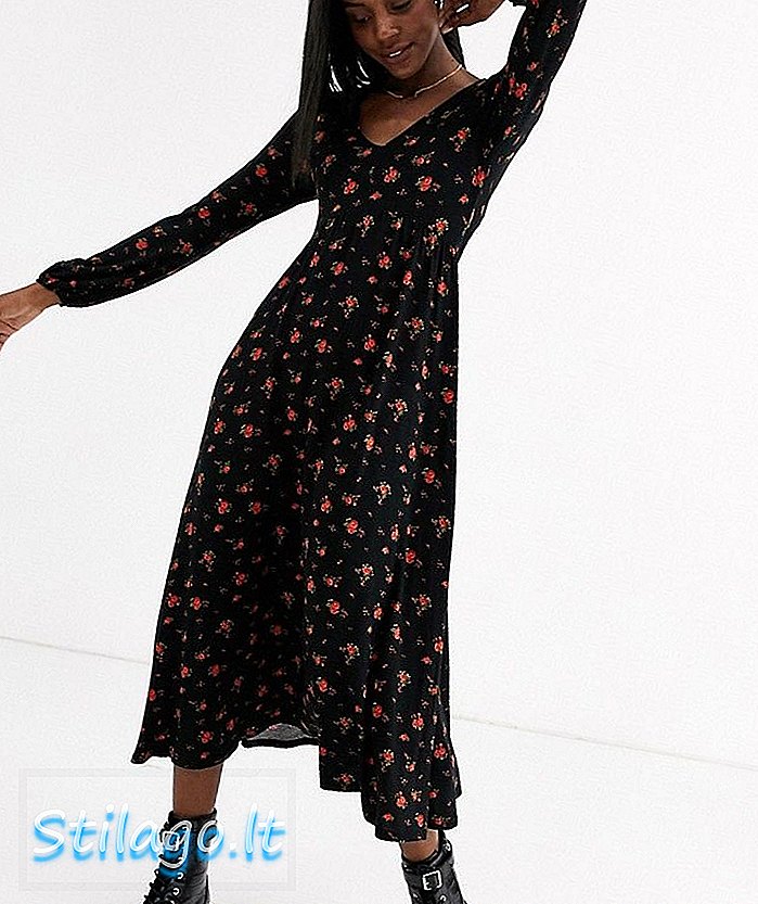 다크베이스 로즈 플로럴-블랙의 New Look 긴 소매 v 넥 드레스