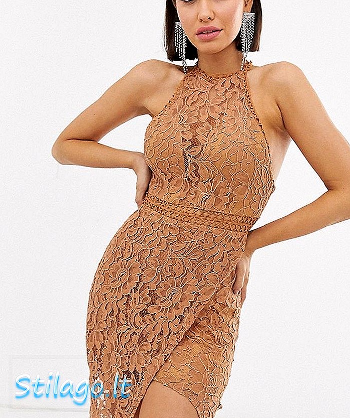 Љубавна трокутна хаљина од чипке с високим вратом с умотаном сукњом у карамелно-беж боји