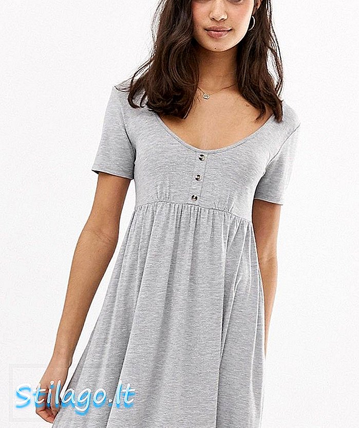 ASOS DESIGN - Aangerimpelde jurk met ronde hals, mini-knoopsluiting - grijs