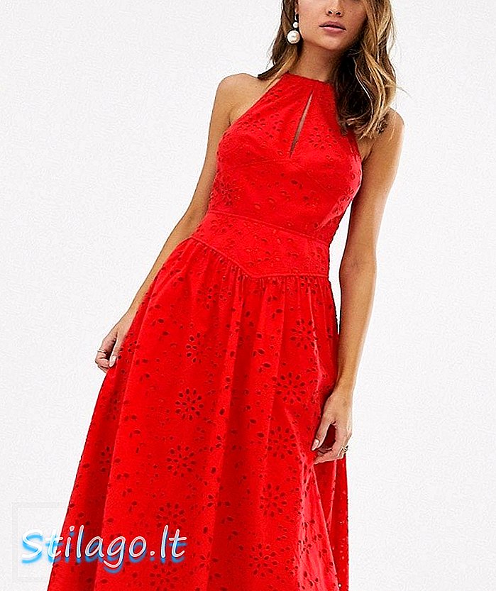 „ASOS DESIGN“ aukščiausios kokybės „Broderie“ midi čiuožyklos prominė suknelė - raudona