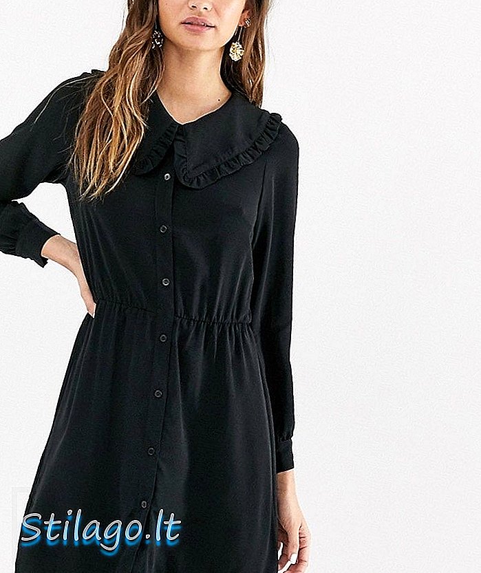 Μίνι φόρεμα μίνι με μακρυμάνικο και μεγάλο γιακά σε μαύρο χρώμα