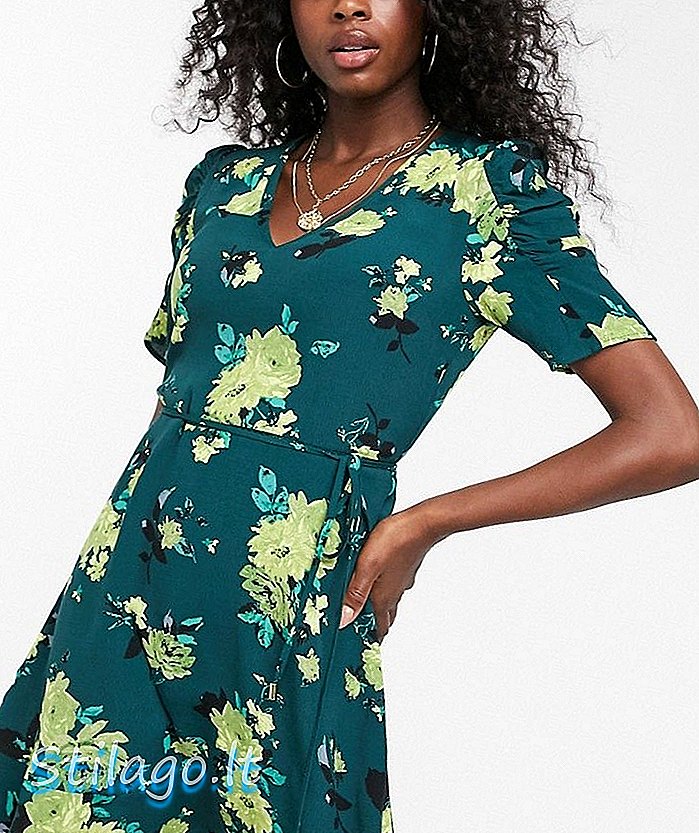 Φόρεμα σκέιτερ Oasis με φούστα μανίκια σε πράσινο floral τύπωμα-Ναυτικό