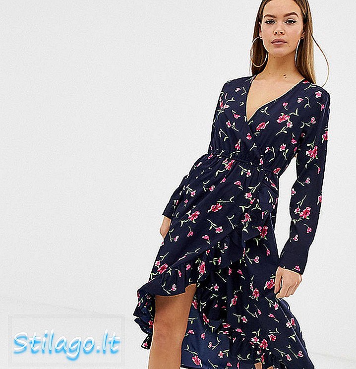 Boohoo - Robe mi-longue portefeuille à volants en bleu marine-Multi