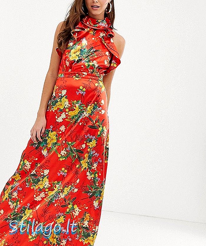 लाल फुलांच्या साटन-मल्टीमध्ये फ्रिल तपशीलासह प्रीटीलिटलथिंग मॅक्सी ड्रेस