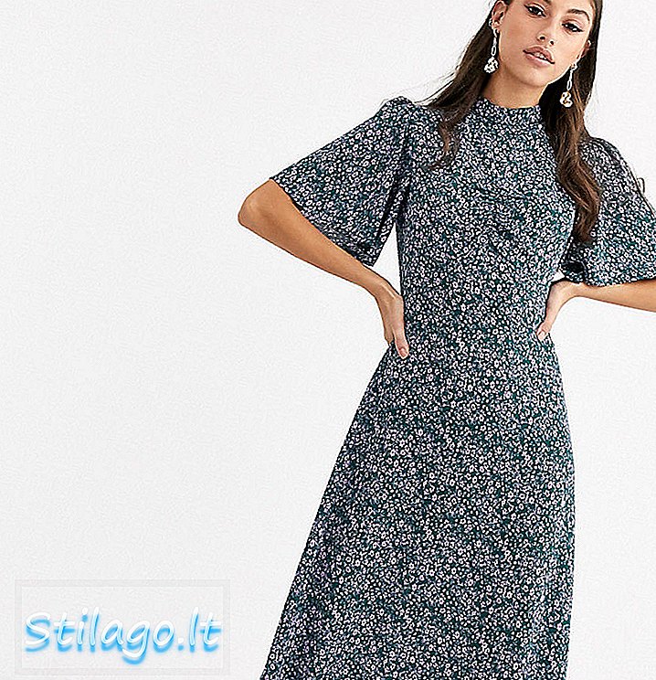 फैशन यूनियन लंबा उच्च गर्दन midaxi चाय पोशाक के साथ स्पंदन आस्तीन-ग्रीन