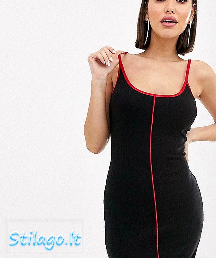 فستان متوسط ​​الطول بأكمام قصيرة ومضلّع مع فتحة حمراء - أسود