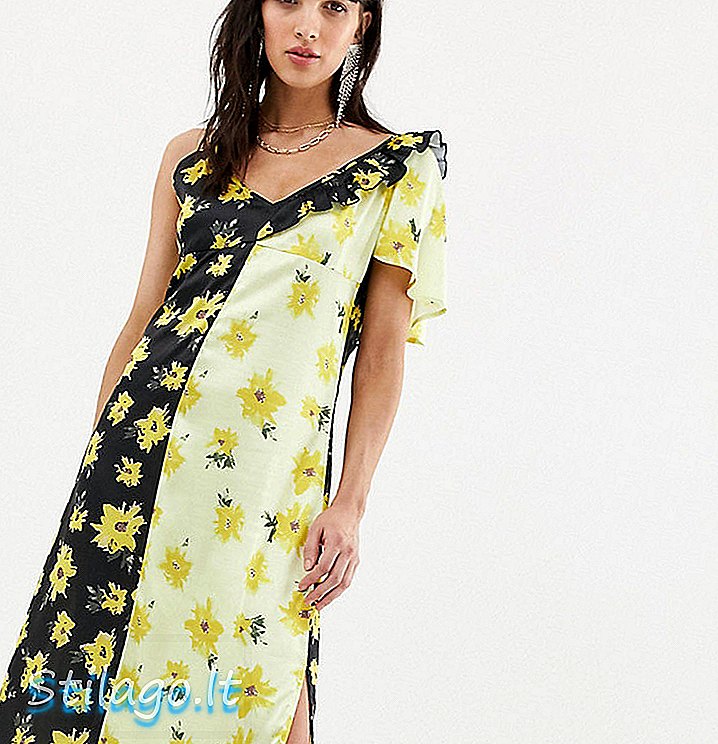 שמלת midi כתף א-סימטרית מאובקת בניגוד בצבע צהוב פרחוני