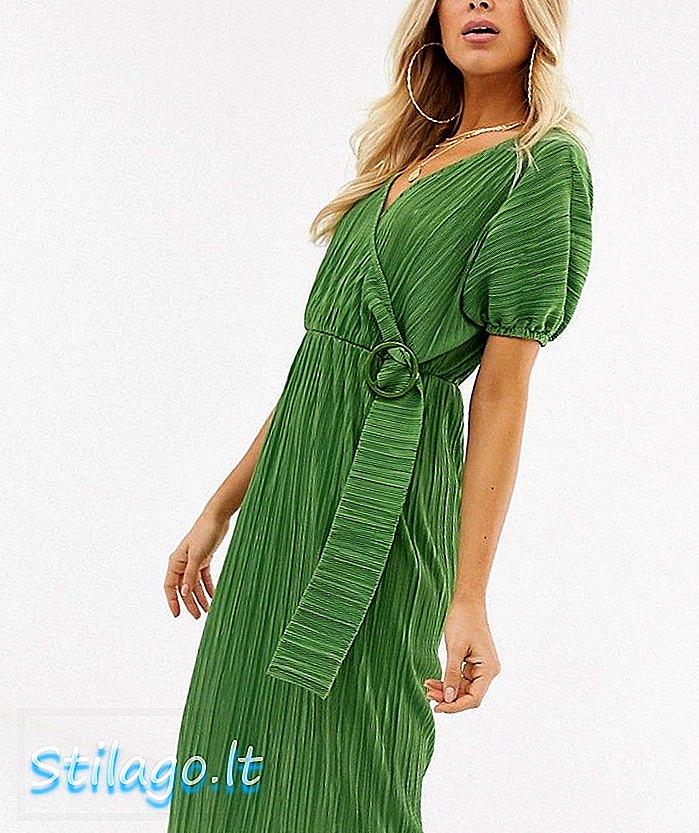 ASOS DESIGN midi plisse čajové šaty s přezkou ze zelené pryskyřice