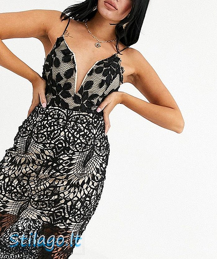 Kærlighedstrekant kaster front 3D applique cami midi kjole i sort