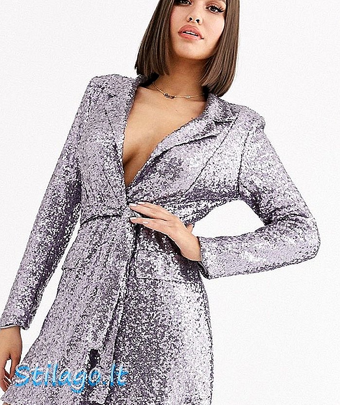 Vestido de esmoquin de lentejuelas Club L London con detalle de cinturón en gris metalizado
