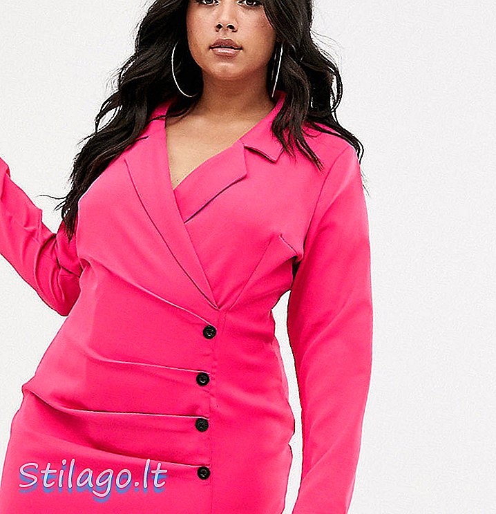 Платье-пиджак PrettyLittleThing Plus с контрастной пуговицей ярко-розового цвета