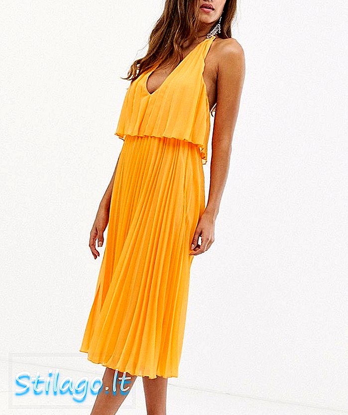 Çift katmanlı korsajlı ve v yakalı turuncu ASOS DESIGN pileli midi elbise