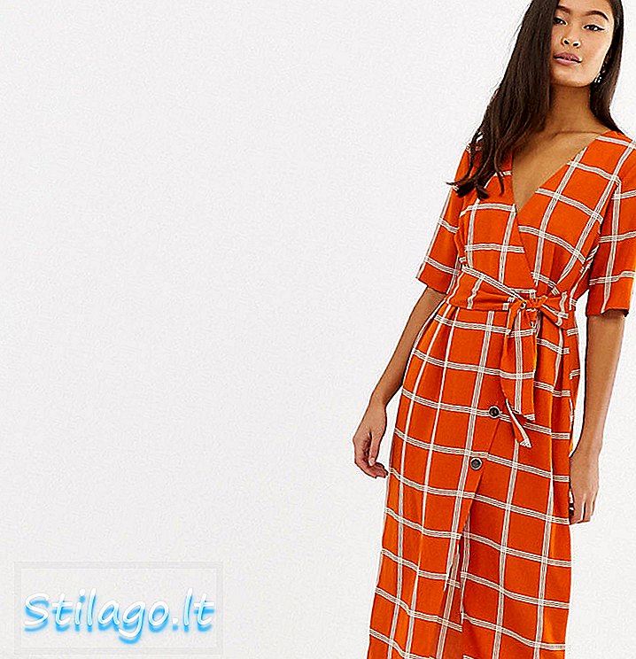 Miss Selfridge midi wrap dress in check-Multi