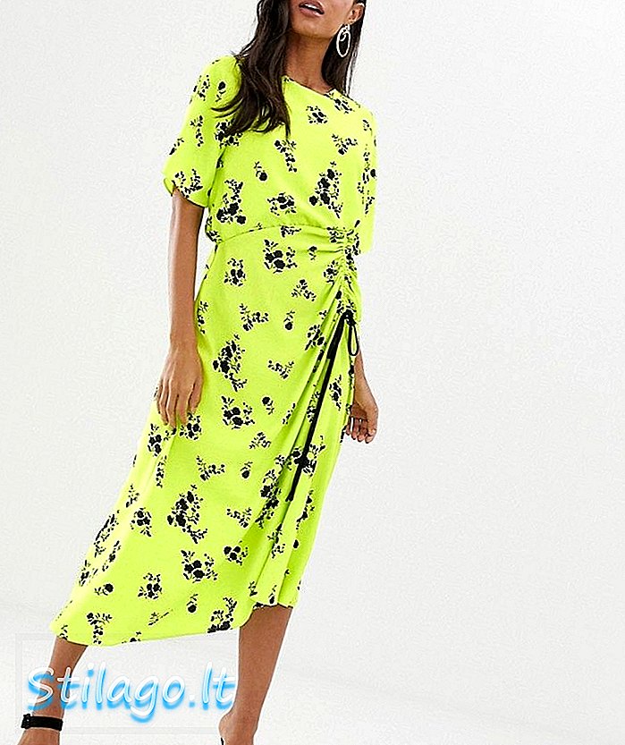 ASOS DESIGN - Vestito midi con gonna arricciata in stampa floreale neon-Multi