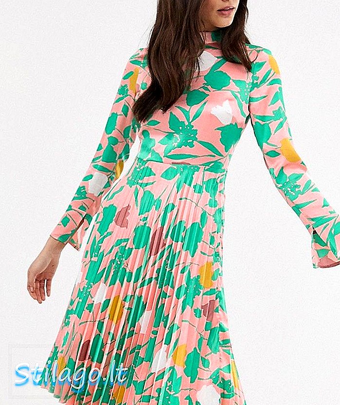 ASOS DESIGN שמלת midi קפלים עם שרוול מחורץ בהדפס פרחוני-מולטי
