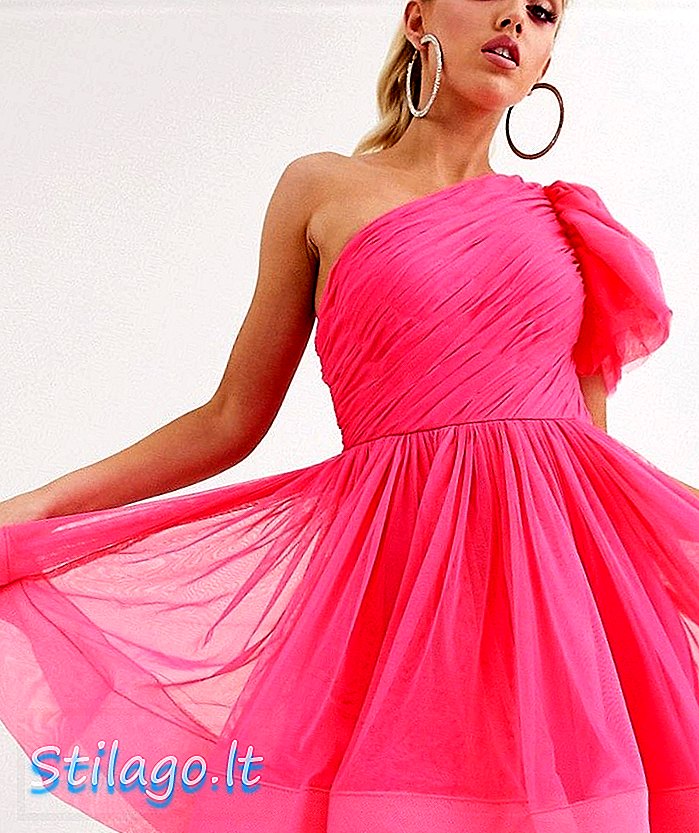Lengan & manik gaun prom mini lengan bola puff berwarna merah jambu neon