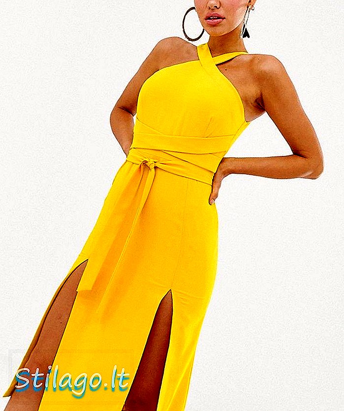 लैविश एलिस पीले रंग में सामने की डबल स्प्लिट मिडी ड्रेस के पार