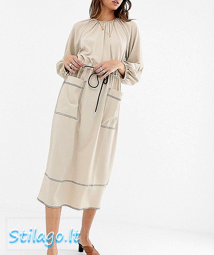 Đầm midi ASOS DESIGN với đường chỉ khâu tương phản và dây rút eo-Màu be