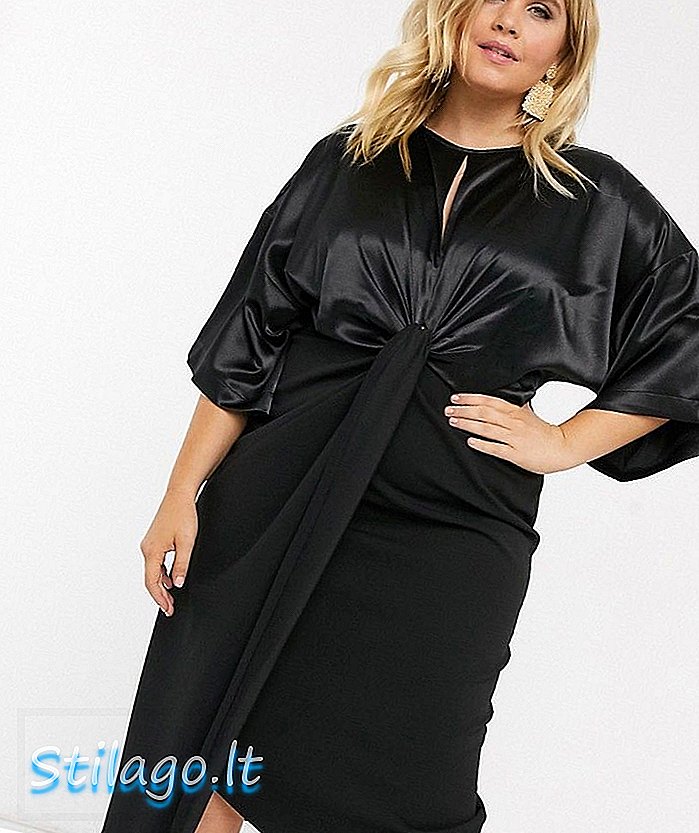 ASOS DESIGN Curve - Satijnen mix midi-jurk met gedraaide voorkant - Zwart