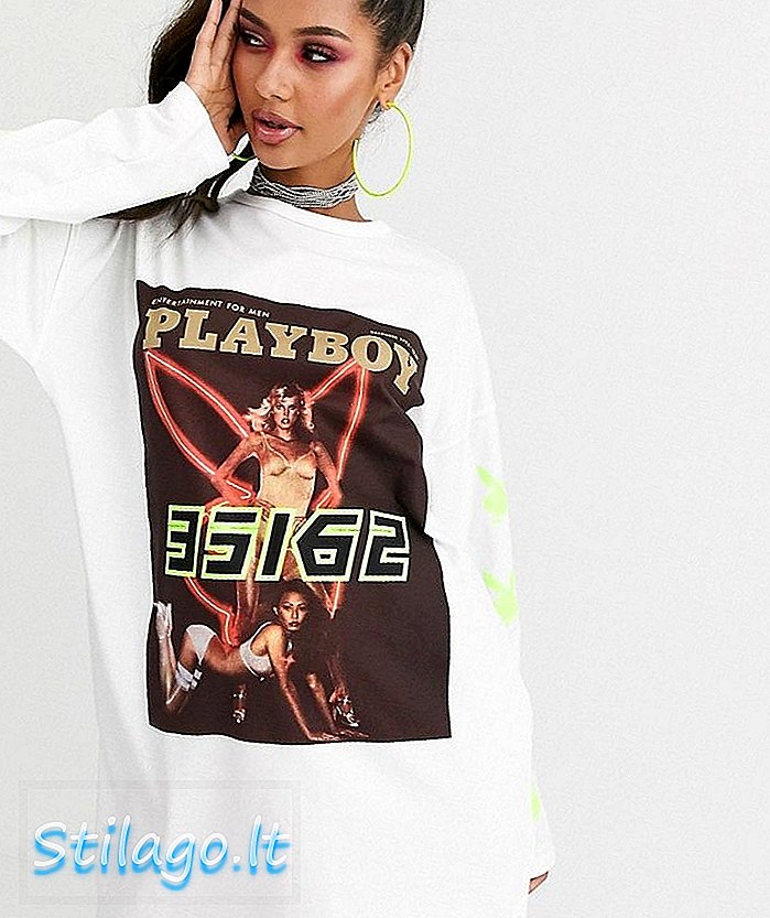 Beyaz uzun kollu Missguided Playboy dergisi tavşan baskı t-shirt elbise