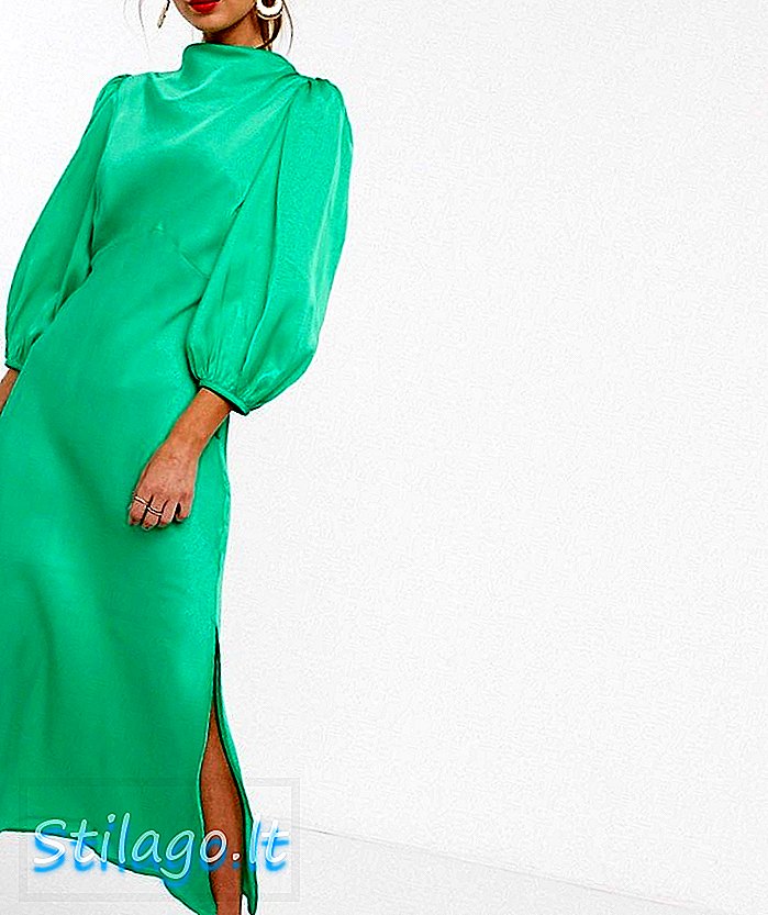 ASOS DESIGN فستان ساتان برقبة من الساتان مع أكمام نفخة - أخضر