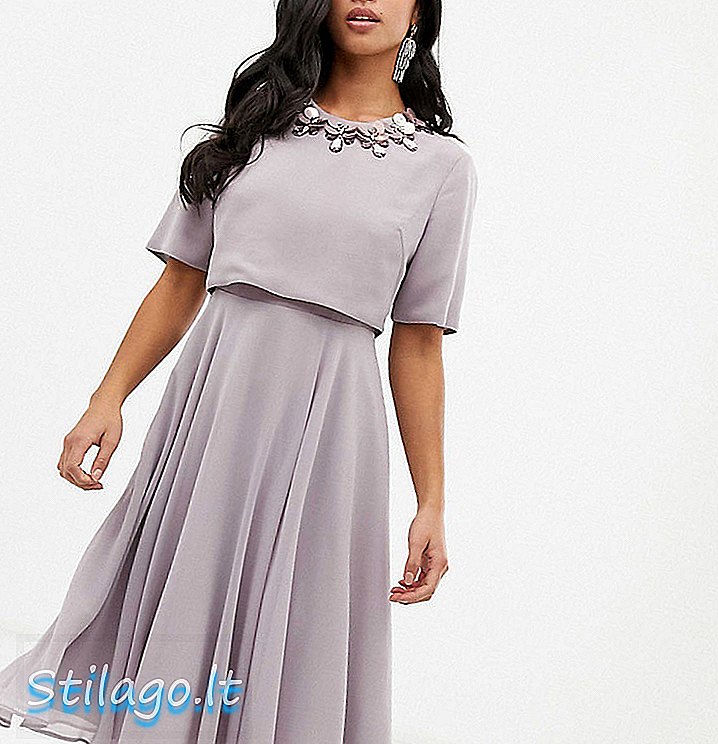 3 डी सुशोभित neckline- ग्रे के साथ ASOS डिजाइन खूबसूरत मिडी पोशाक