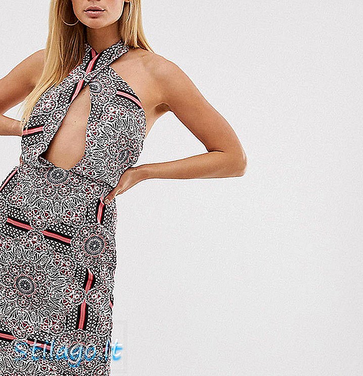 페이즐리 프린트 멀티 컬러의 롱 크로스 프론트 홀터넥 미디 드레스