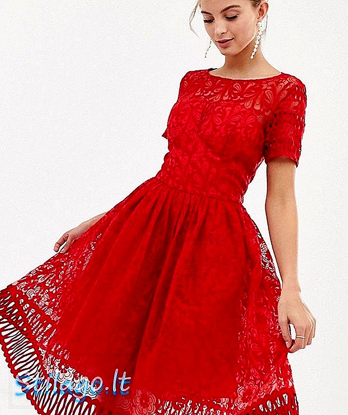 Chi Chi Londra premium dantel balo elbise cutwork etek ile kırmızı